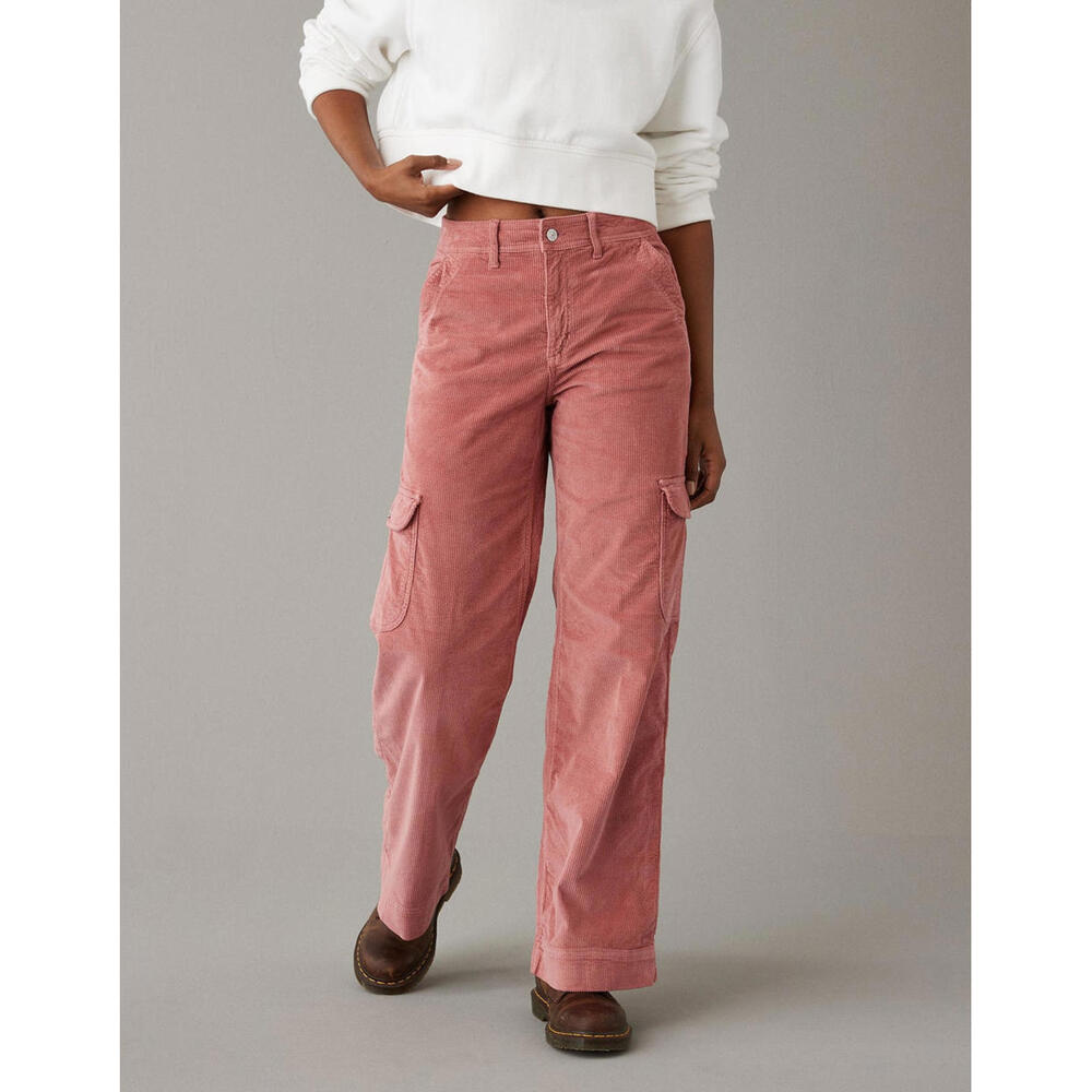 American Eagle Pink Corduroy 90’s High Rise Baggy Wide Leg Cargo Pants- Size 10 - Picture 2 of 9